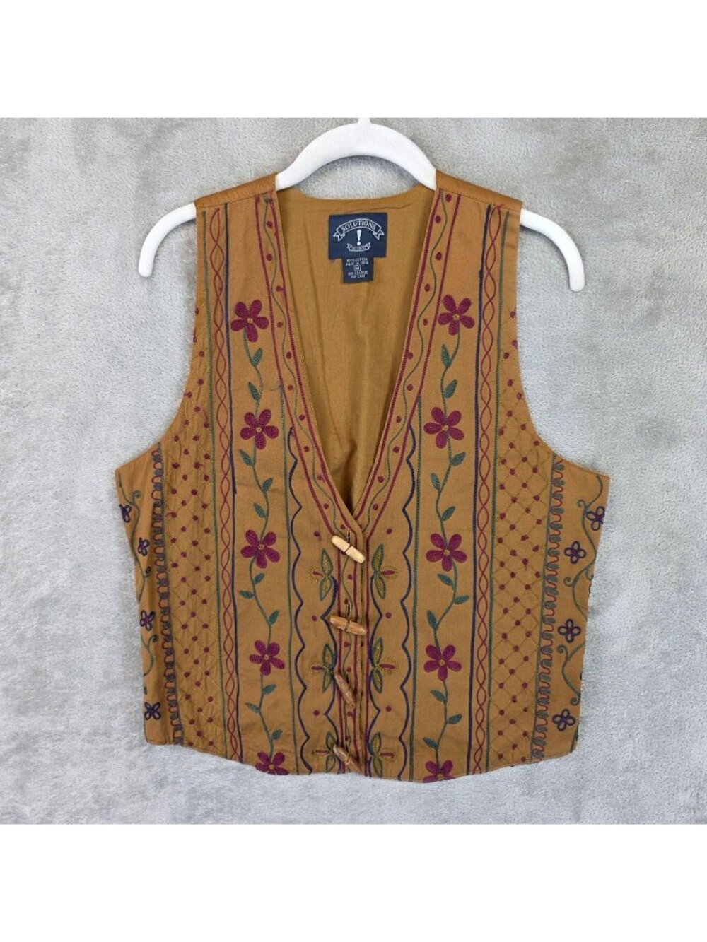 Solutions Vest Womens Medium Brown Floral Embroidered Toggle Boho Cotton